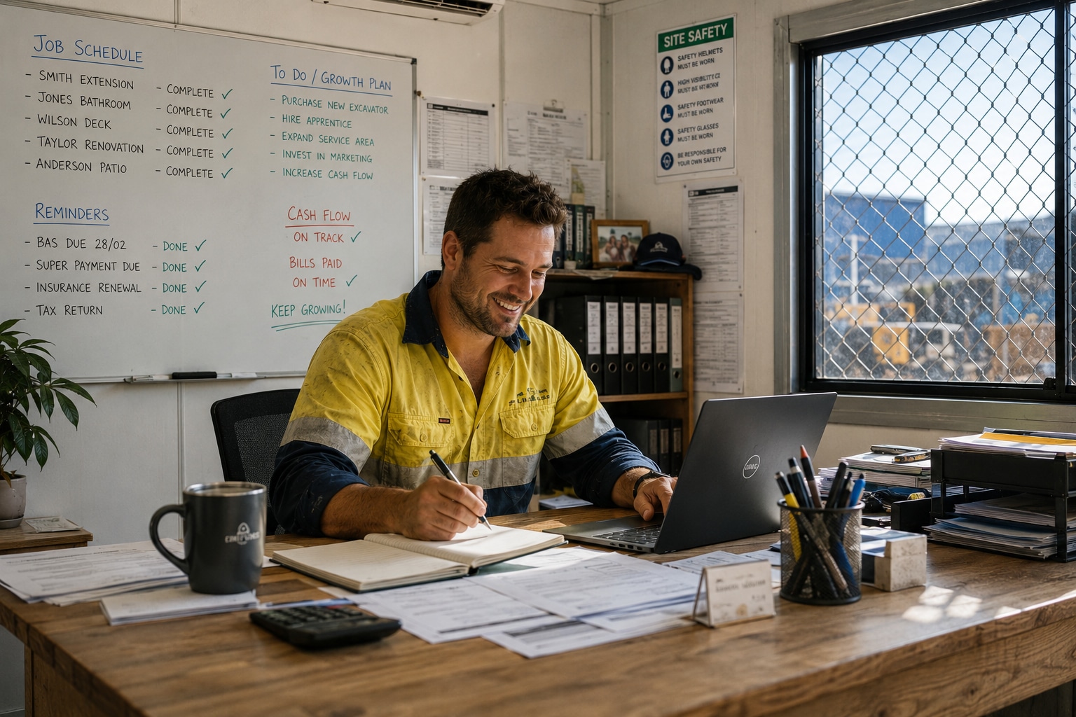 A tradie smiling at his desk, with a job schedule and cash flow whiteboard behind him showing everything on track