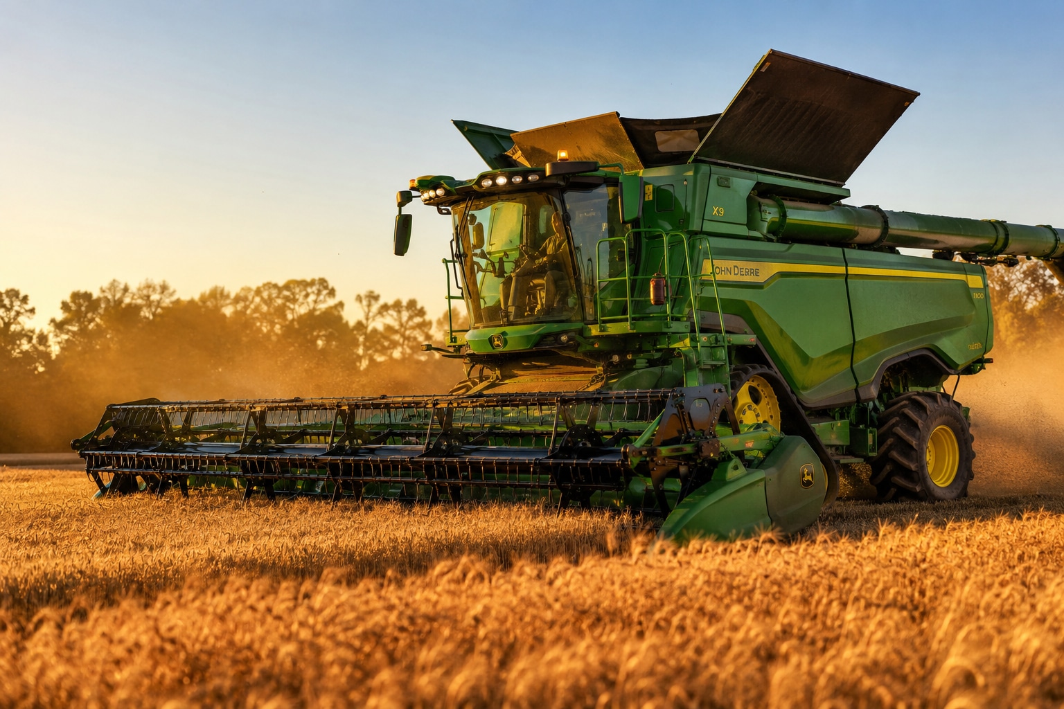 A John Deere combine harvester working a wheat field at sunset