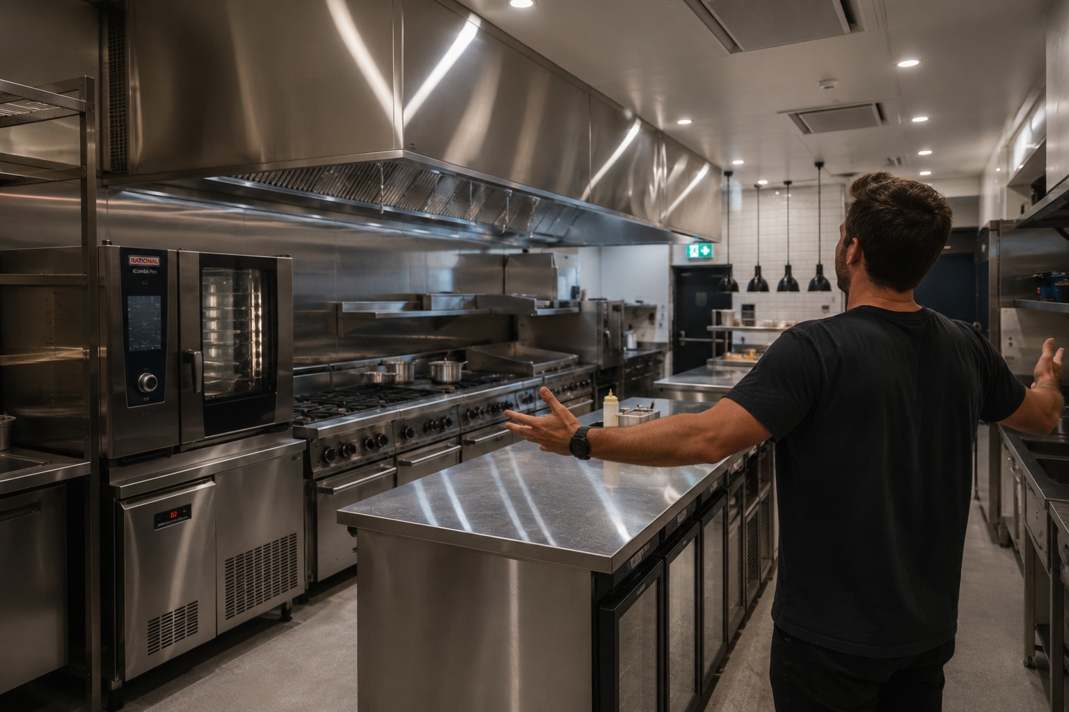 A business owner presenting his fitted-out commercial kitchen