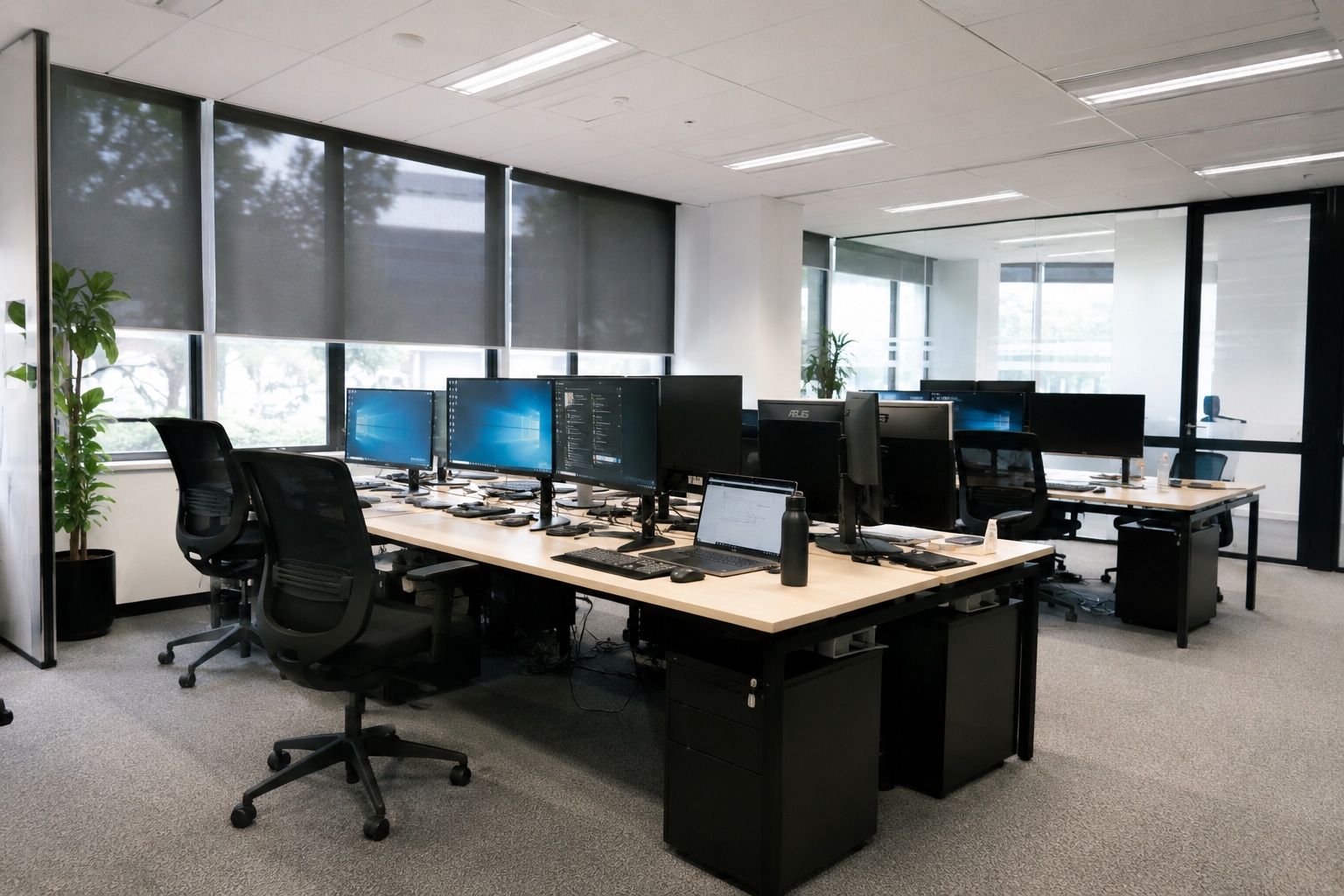 A fitted-out open-plan office with multiple desks and computer monitors