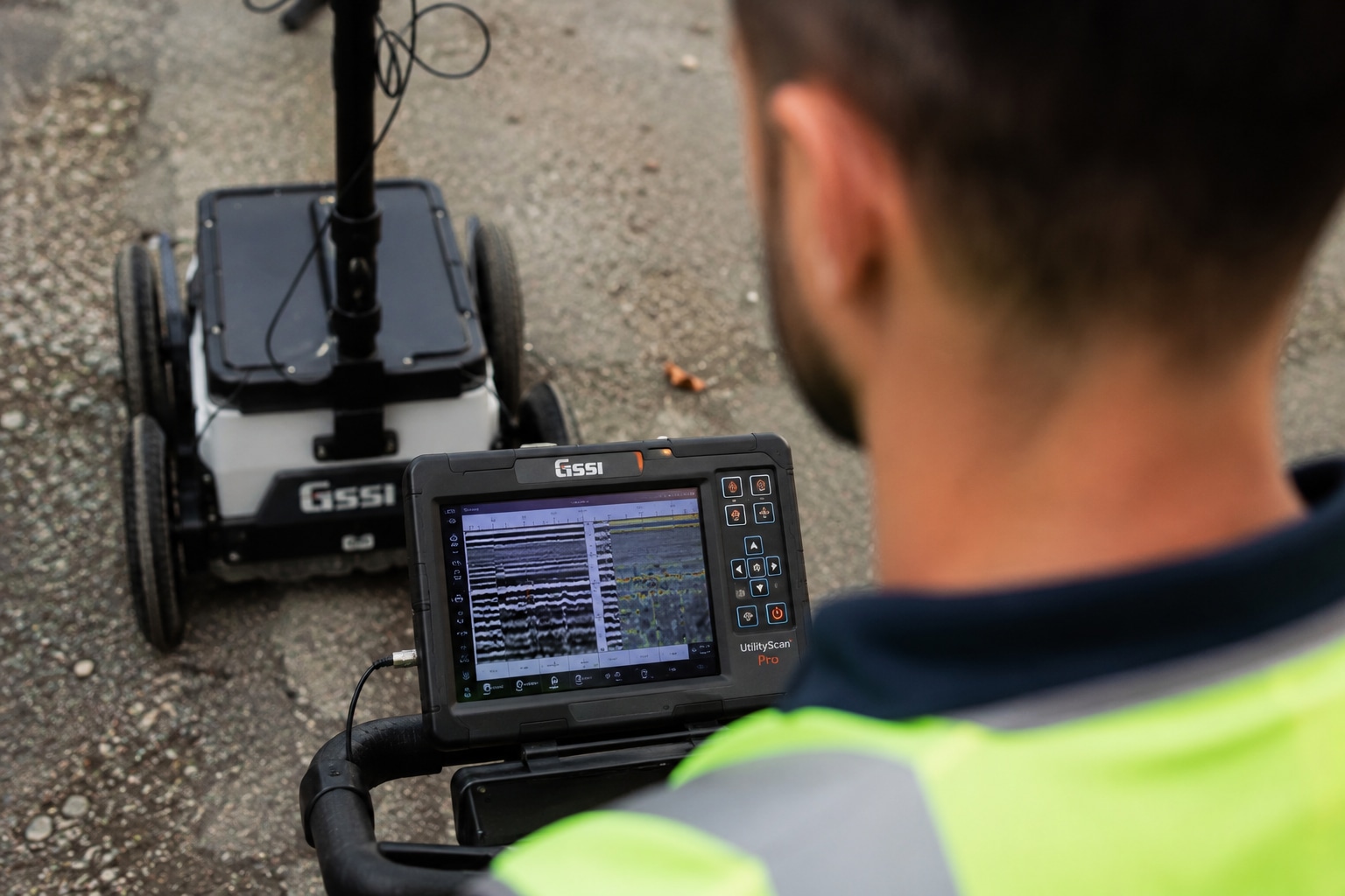 A worker operating a GSSI ground-penetrating radar scanning unit