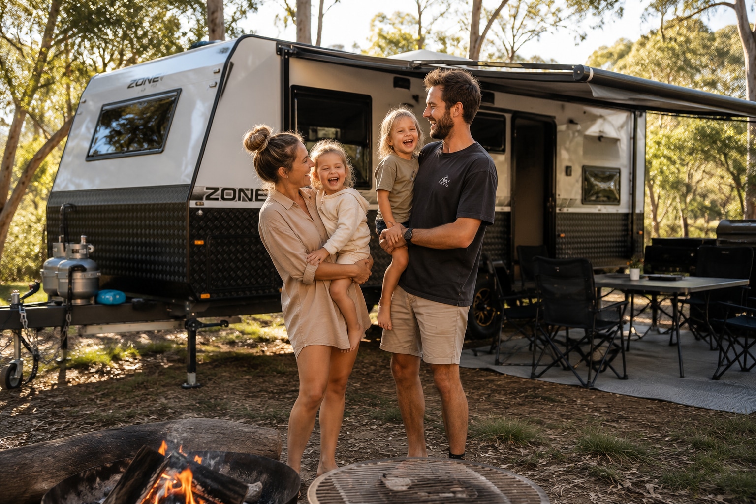 A family with young children at a campsite beside their caravan