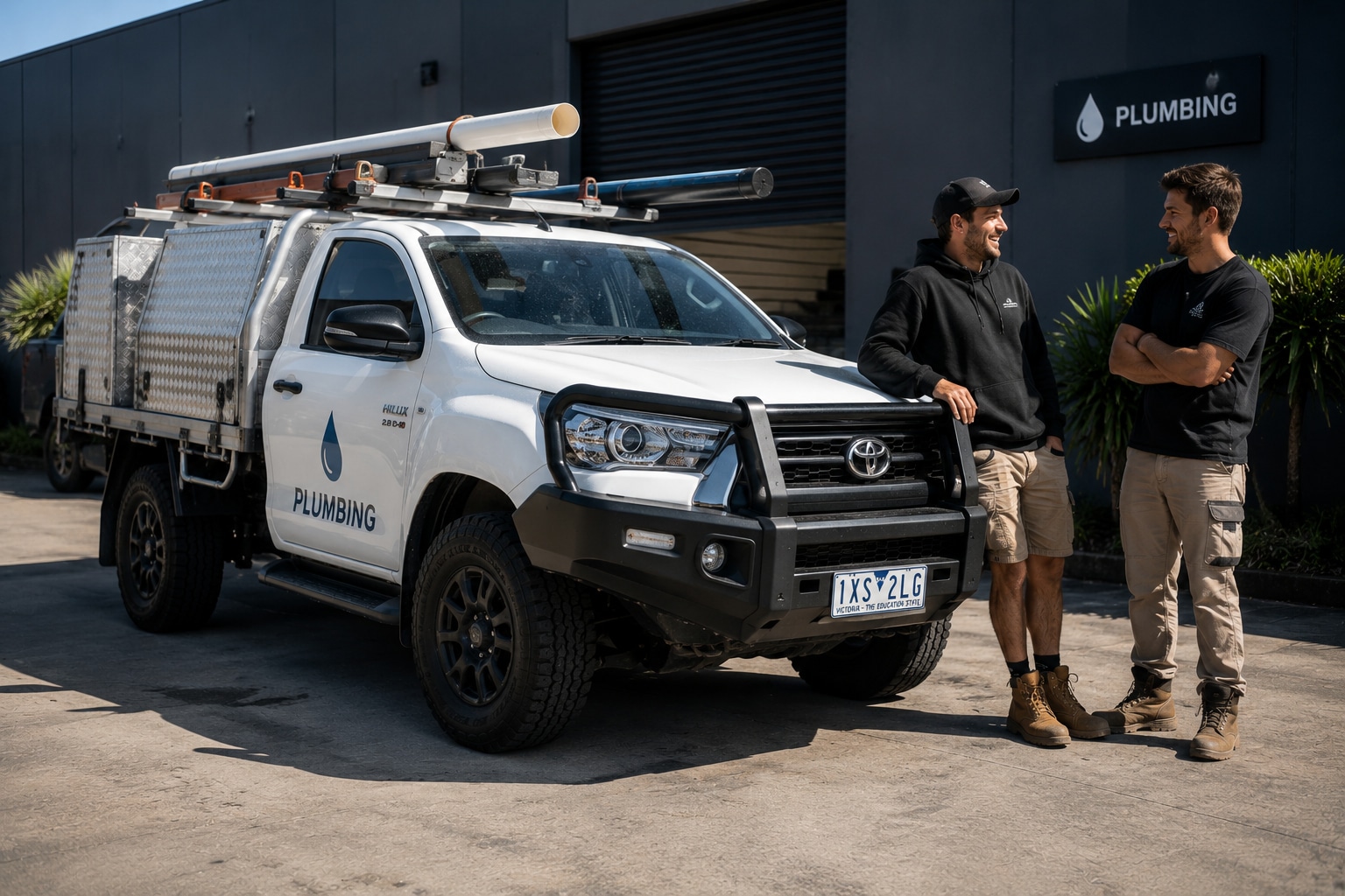 Two tradies chatting beside a fitted-out Toyota Hilux plumbing work ute